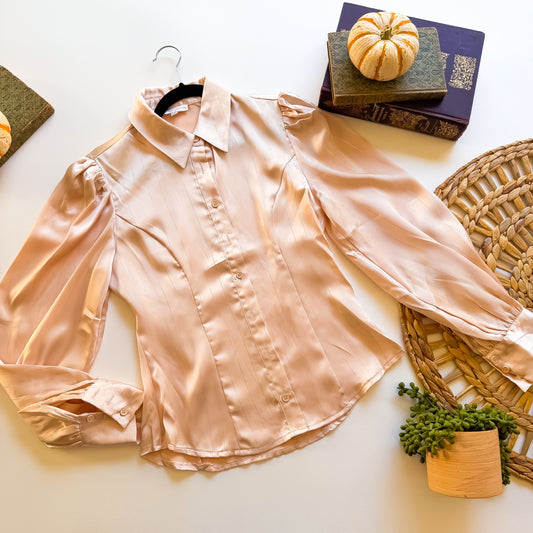 Champagne toast cream satin pinstripe balloon sleeve blouse