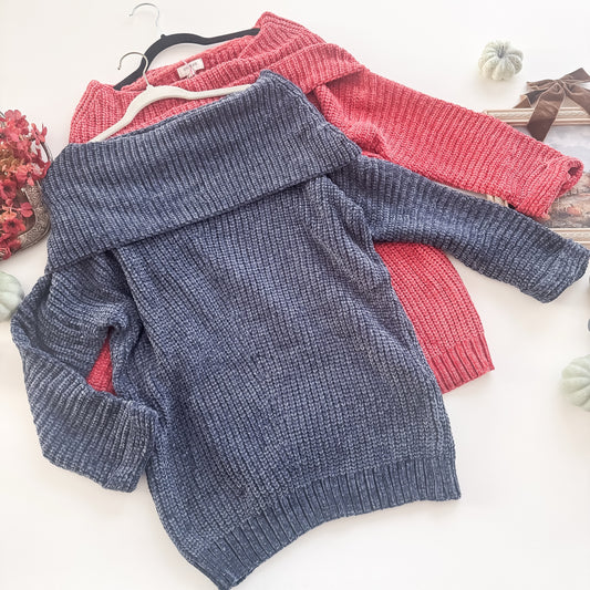Navy and coral chenille foldover off-shoulder sweaters