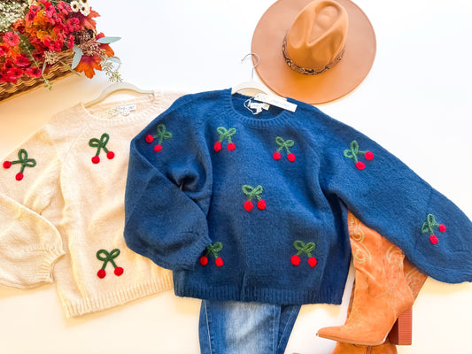 Cherry Print Long Sleeve Sweater cream and navy