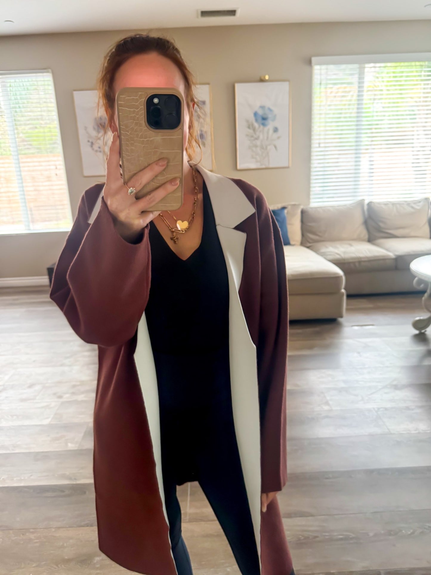 Cocoa coatigan styled with black bodysuit