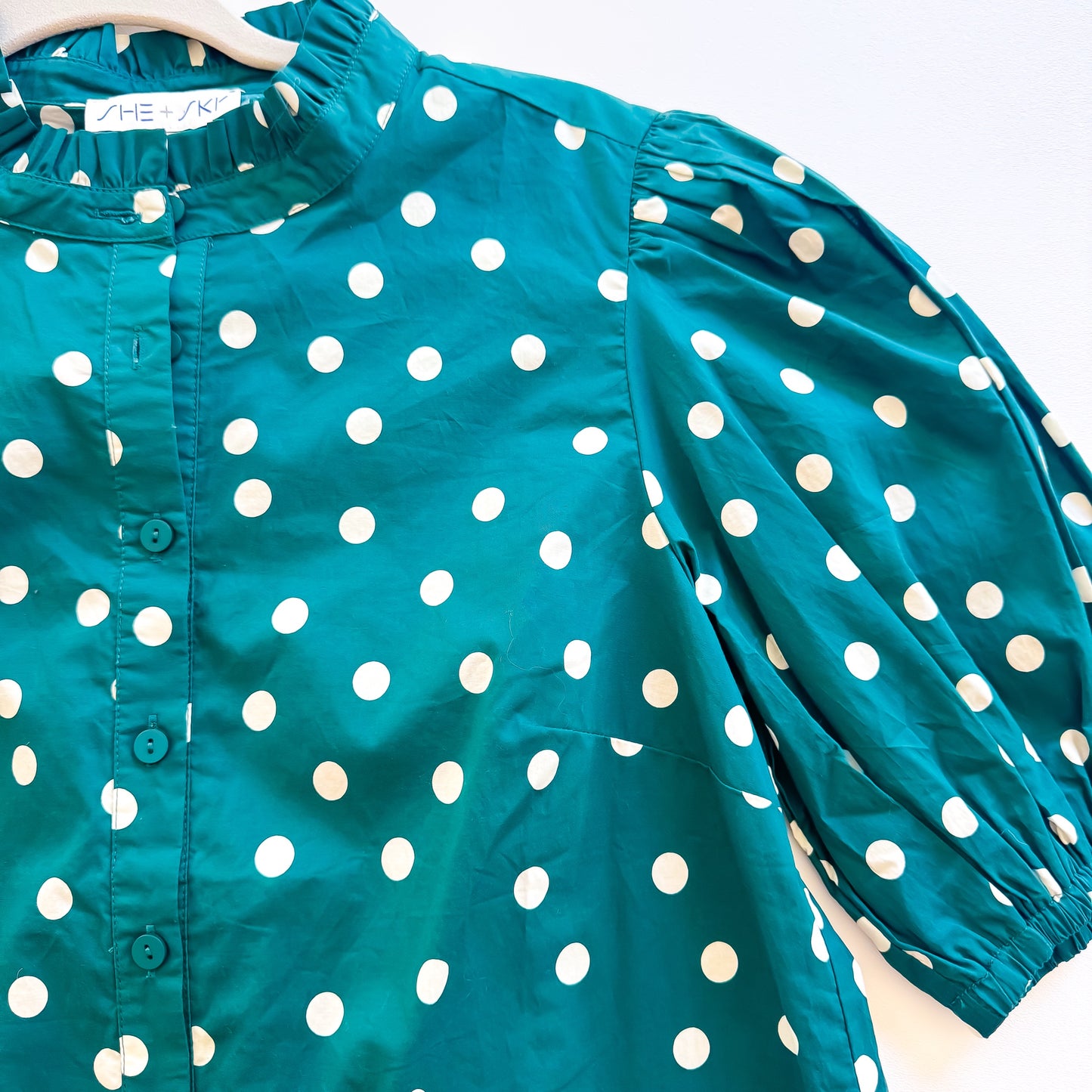 Dotted Pumpkin Patch - Short Sleeve Woven Polka Dot Print Ruffle Neck Button Down Top