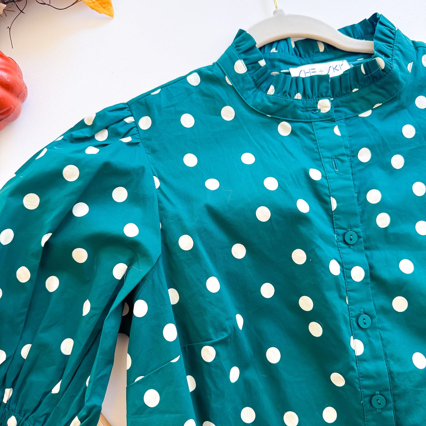 Dotted Pumpkin Patch - Short Sleeve Woven Polka Dot Print Ruffle Neck Button Down Top