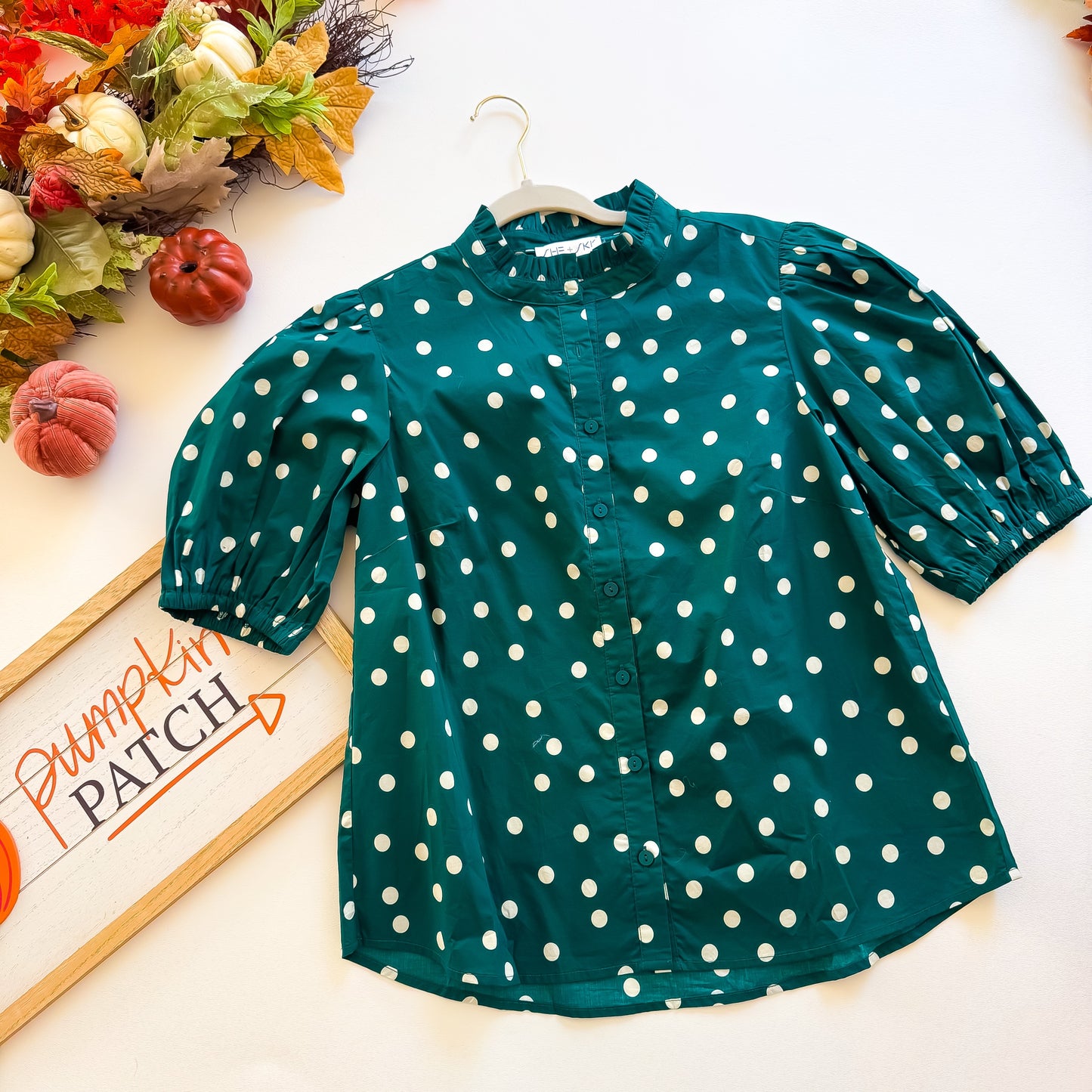 Dotted Pumpkin Patch - Short Sleeve Woven Polka Dot Print Ruffle Neck Button Down Top