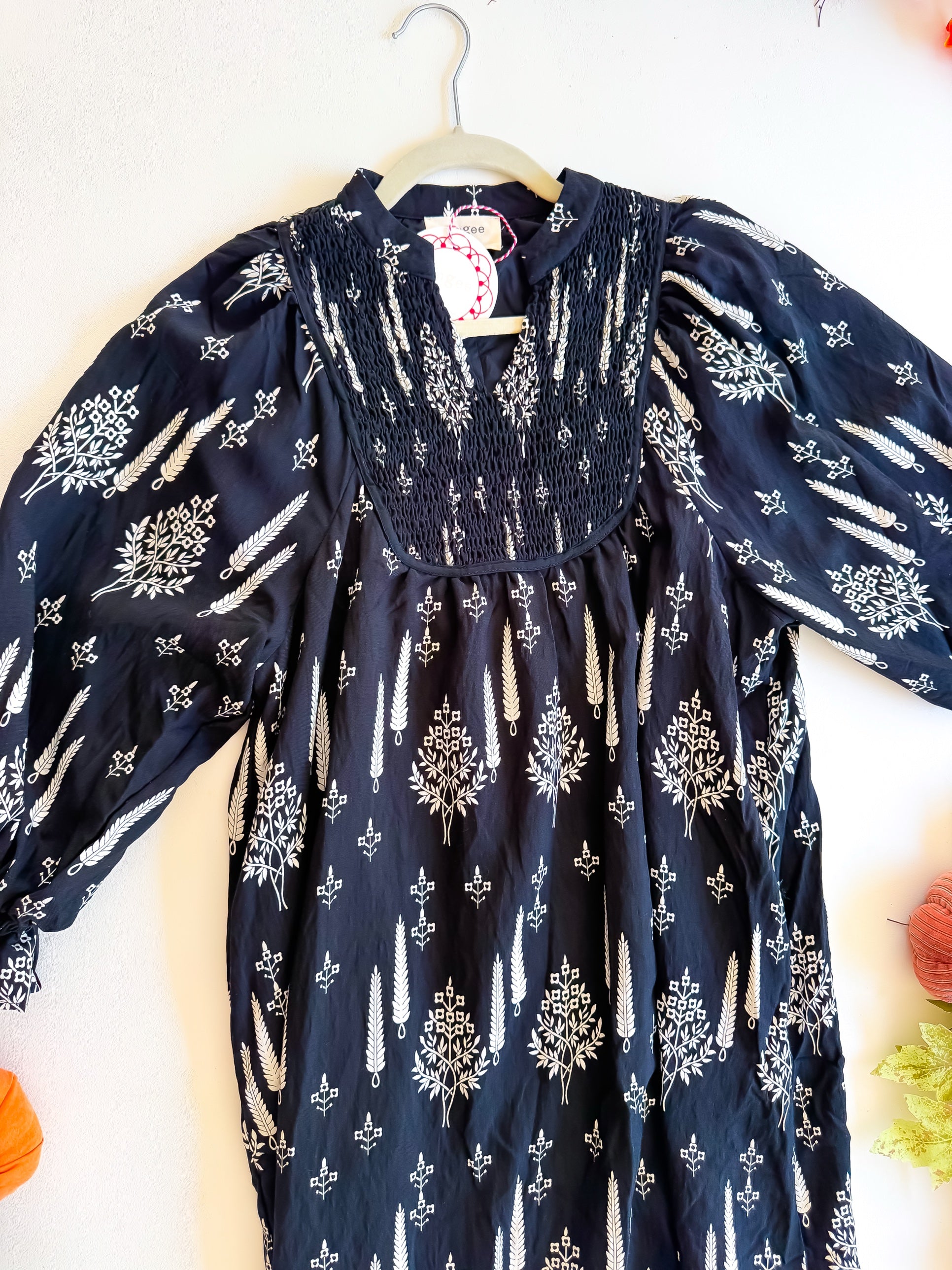 Midnight Orchard Smocked Dress smocked bodice detail