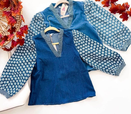 Leaves & Lattes Embroidered Sleeve Denim Top in light and dark wash