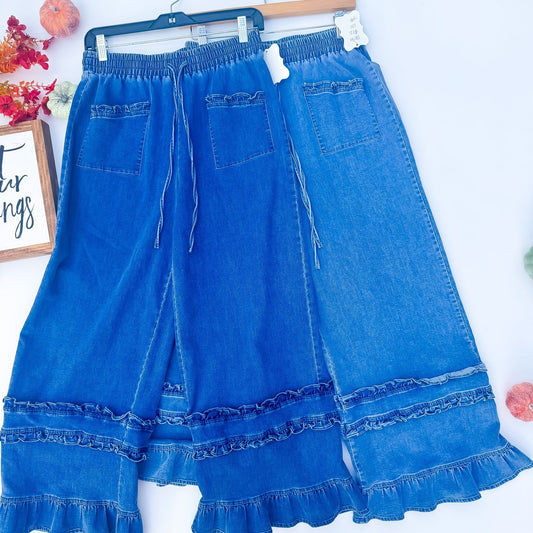 Pumpkin Patch Ruffle Wide-Leg Denim Pants