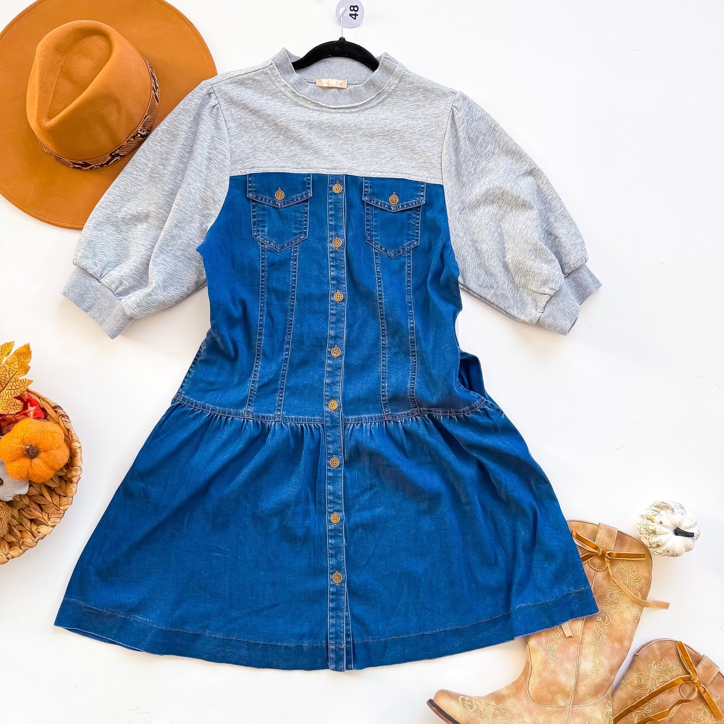 Denim Meets Cozy Sweatshirt Yoke Drop Waist Dress