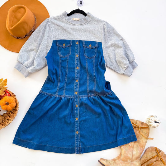 Denim Meets Cozy Sweatshirt Yoke Drop Waist Dress