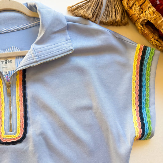 Close-up of rainbow scalloped trim on light blue zip top