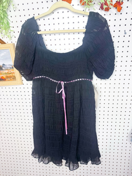 Black smocked puff sleeve ribbon mini dress