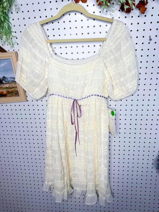 Cream smocked puff sleeve ribbon mini dress