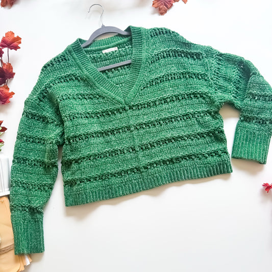 Green chenille open knit V neck sweater