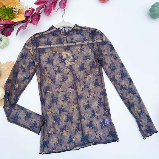 Midnight Blooms Sheer Floral Mesh Mock Neck Top