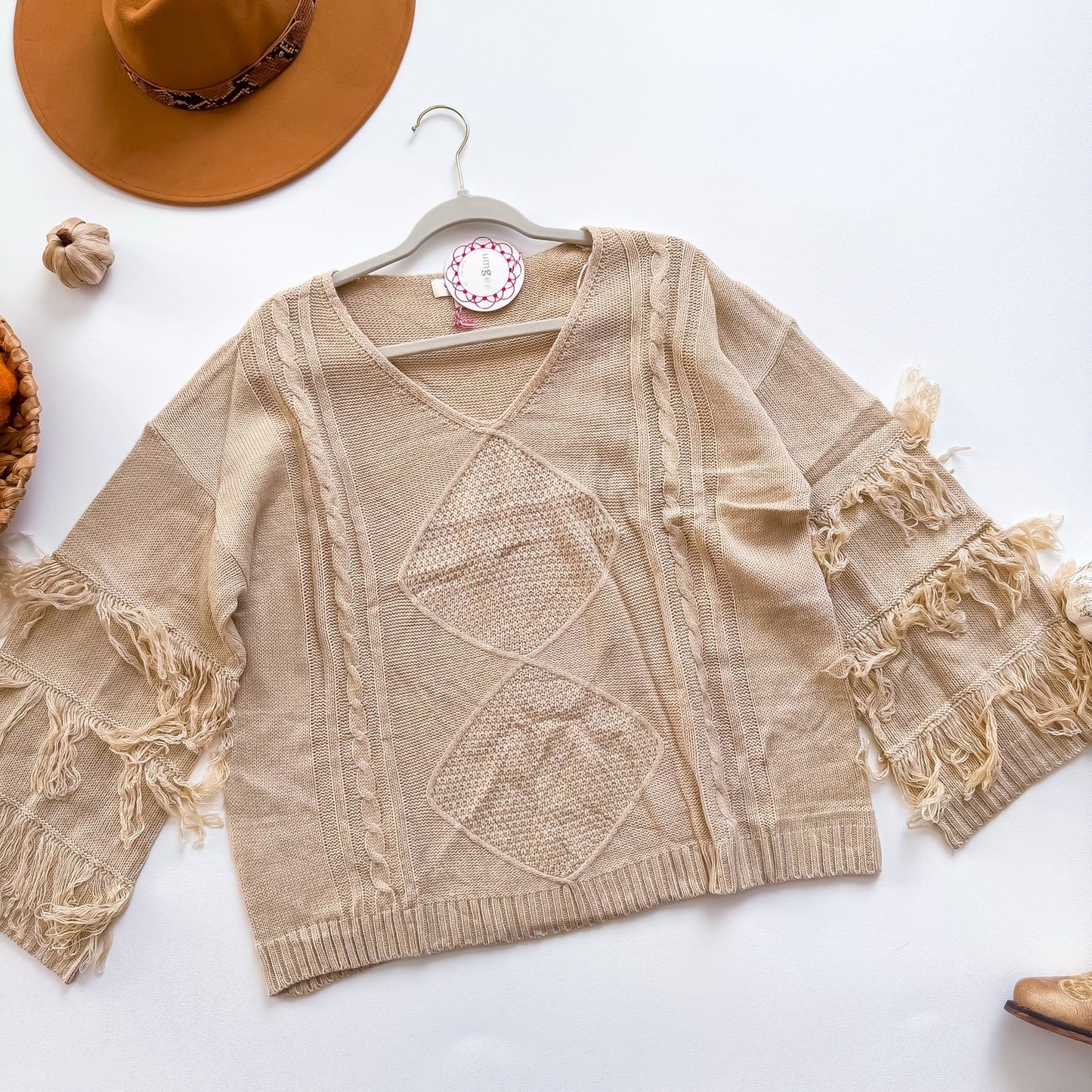 Umgee fringe sleeve cable knit pullover