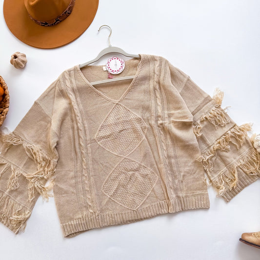 Umgee fringe sleeve cable knit pullover