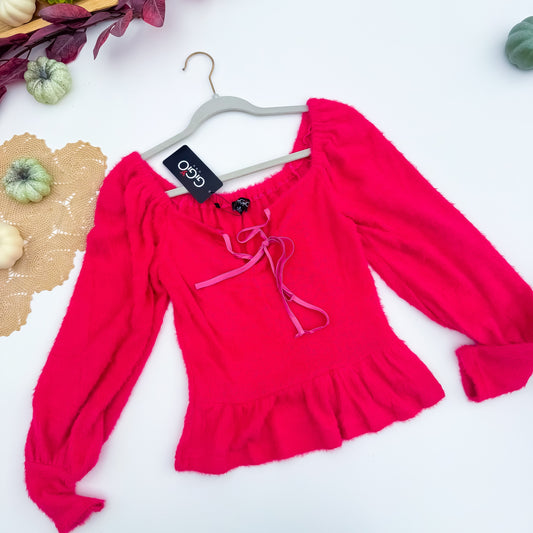 Flamingo Fluff Ribbon Tie Peplum Sweater