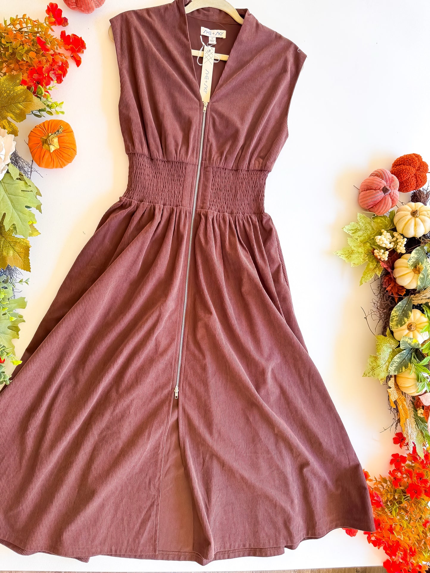 Cider & Corduroy - Drop Shoulder Smocked Waist Front Zip Corduroy Midi Dress With Pockets