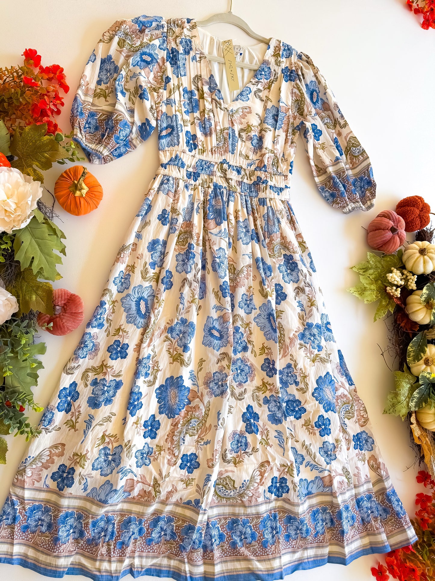Orchard Sunday Best - 3/4 Sleeve V Neck Border Print Woven Midi Dress With Pockets