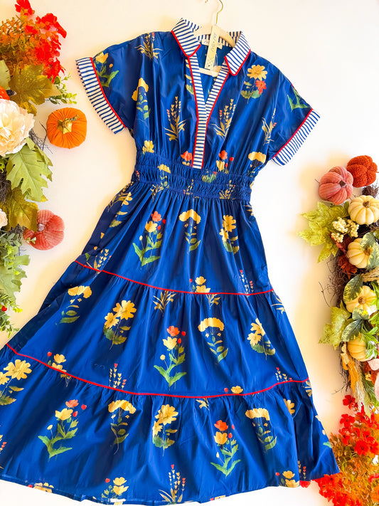 Wildflower Harvest - Drop Shoulder Contrast Cuff Sleeve Collared Woven Print Tiered Midi Dress