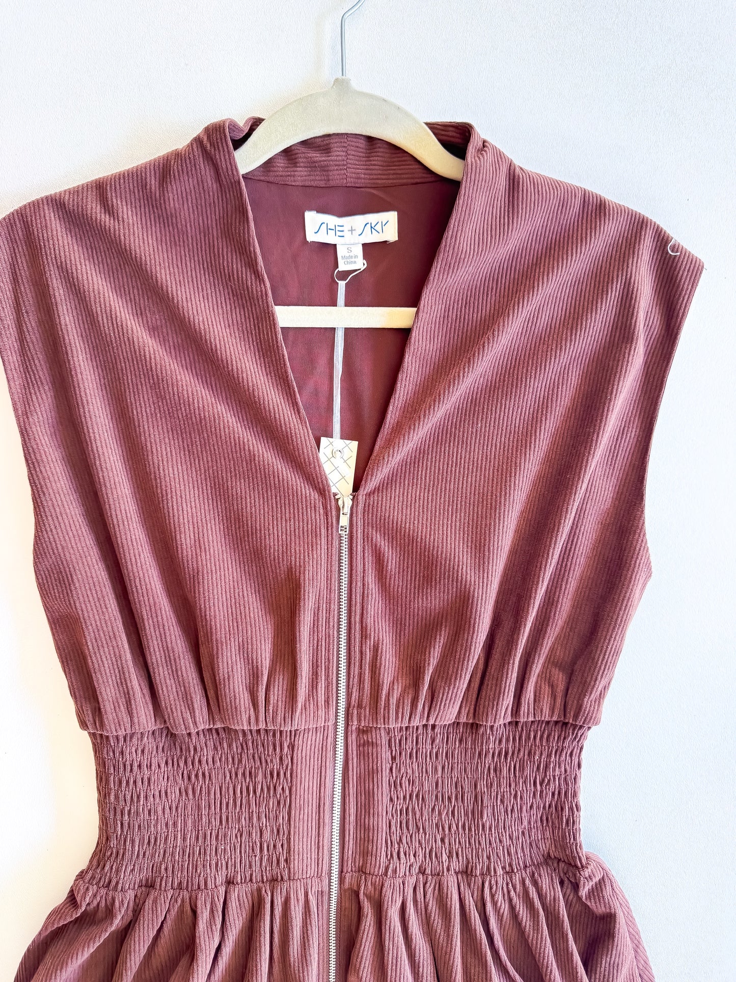Cider & Corduroy - Drop Shoulder Smocked Waist Front Zip Corduroy Midi Dress With Pockets