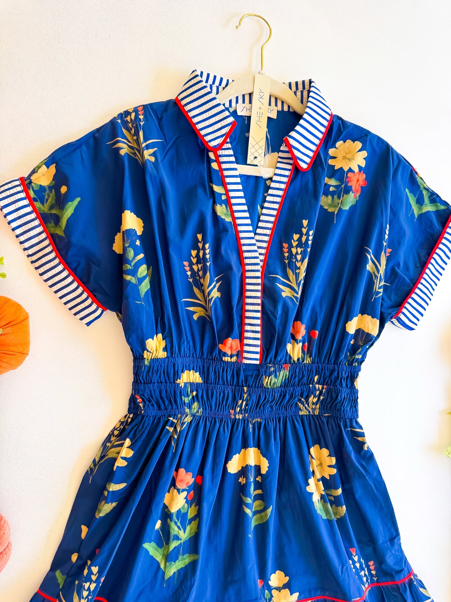 Wildflower Harvest - Drop Shoulder Contrast Cuff Sleeve Collared Woven Print Tiered Midi Dress