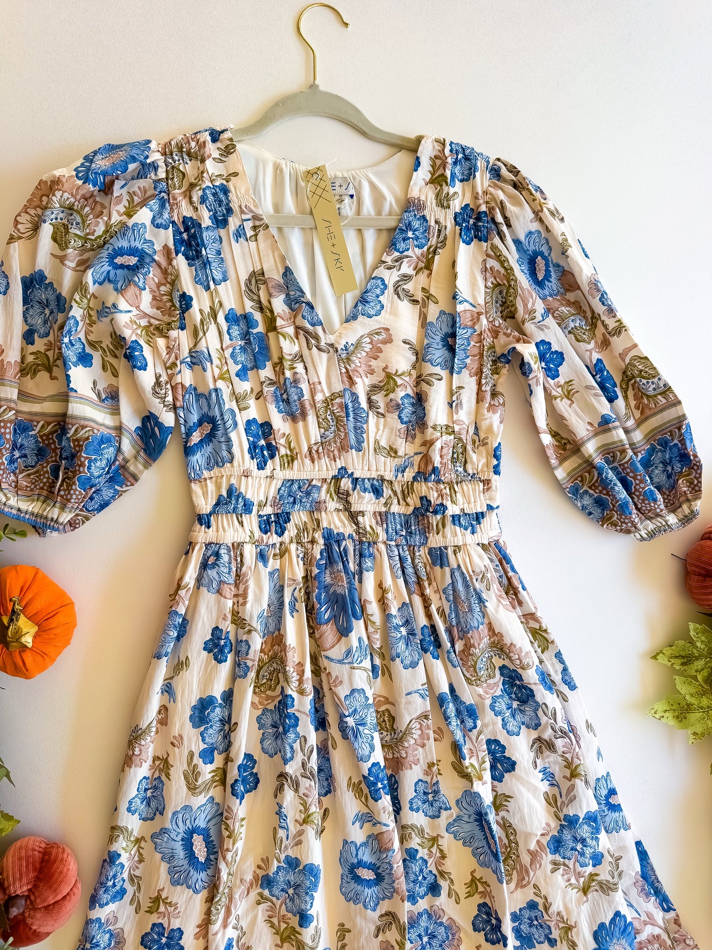 Orchard Sunday Best - 3/4 Sleeve V Neck Border Print Woven Midi Dress With Pockets