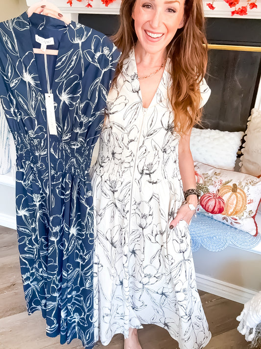 Floral zip front midi dress in cream and navy