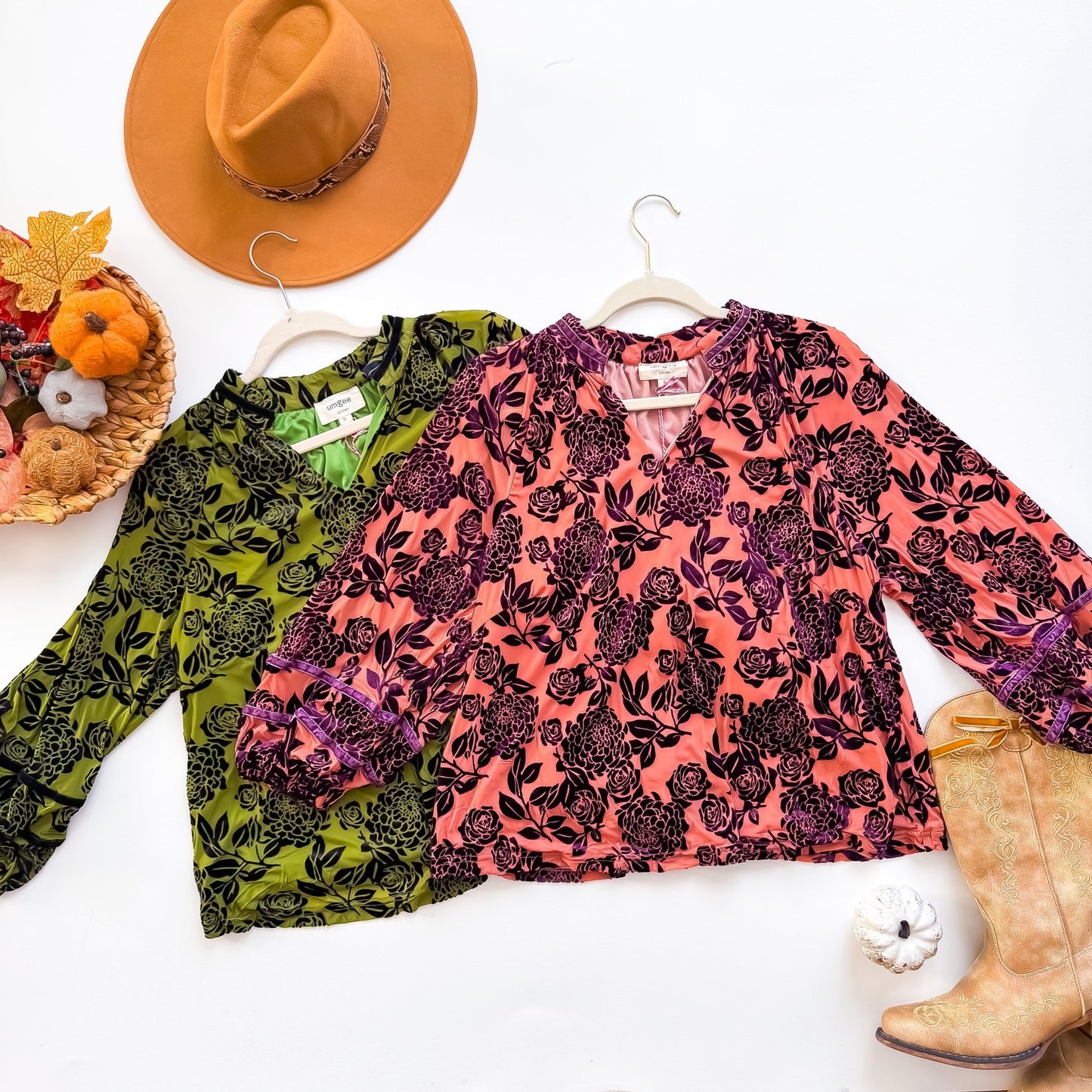 Umgee velvet burnout floral blouse in moss and coral