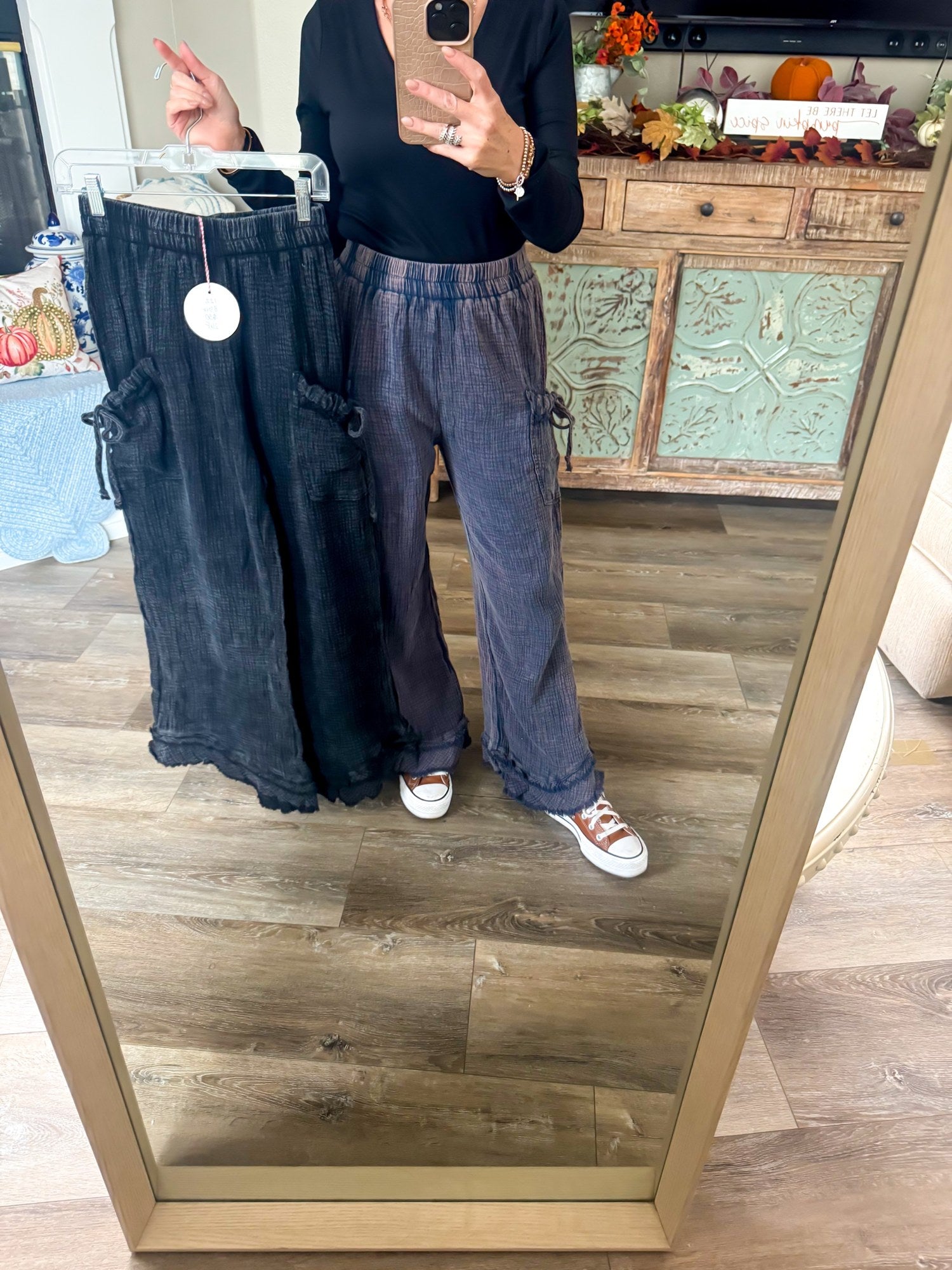 Black and navy gauze cargo pants