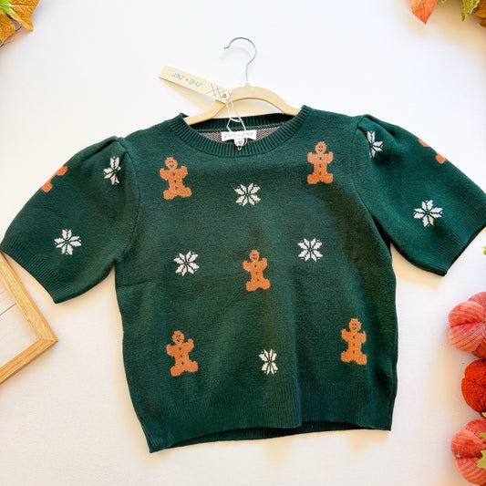 Gingerbread Season - Short Puff Sleeve Gingerbread Pattern Sweater Top