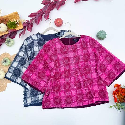 Berry Fringe Plaid Wide Sleeve Boxy Top in Berry Pink and Navy Ivory