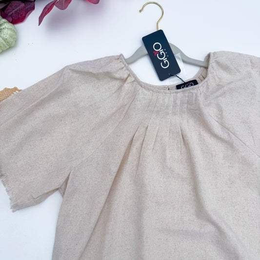Oat Latte Pleated Fringe Linen Blend Top neckline detail
