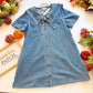 Hayloft Darling - Short Sleeve Front Bow Button Down Washed Denim Mini Dress With Pockets