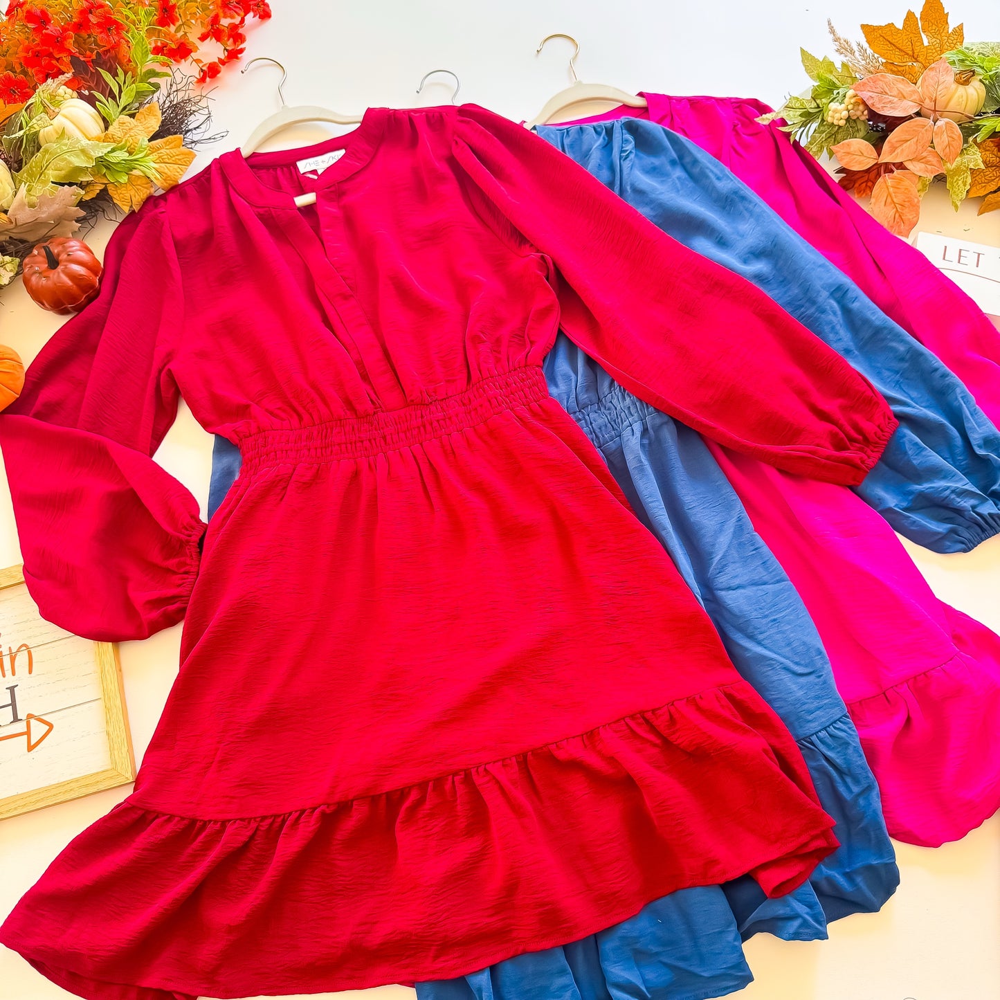 Hayride Honey - Long Sleeve Elastic Waist Woven Dress With Pockets