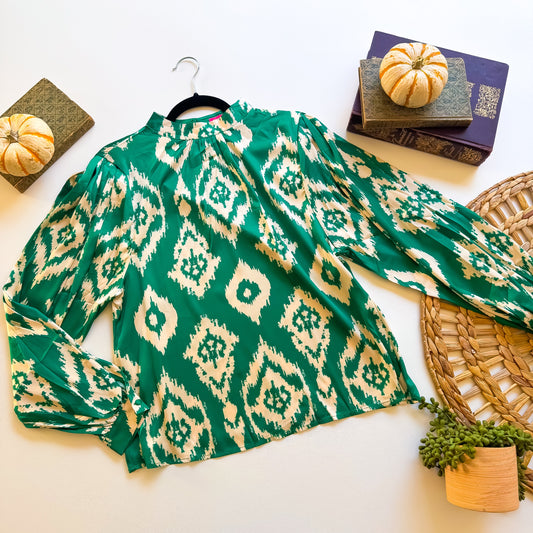Evergreen ikat satin mock neck blouse
