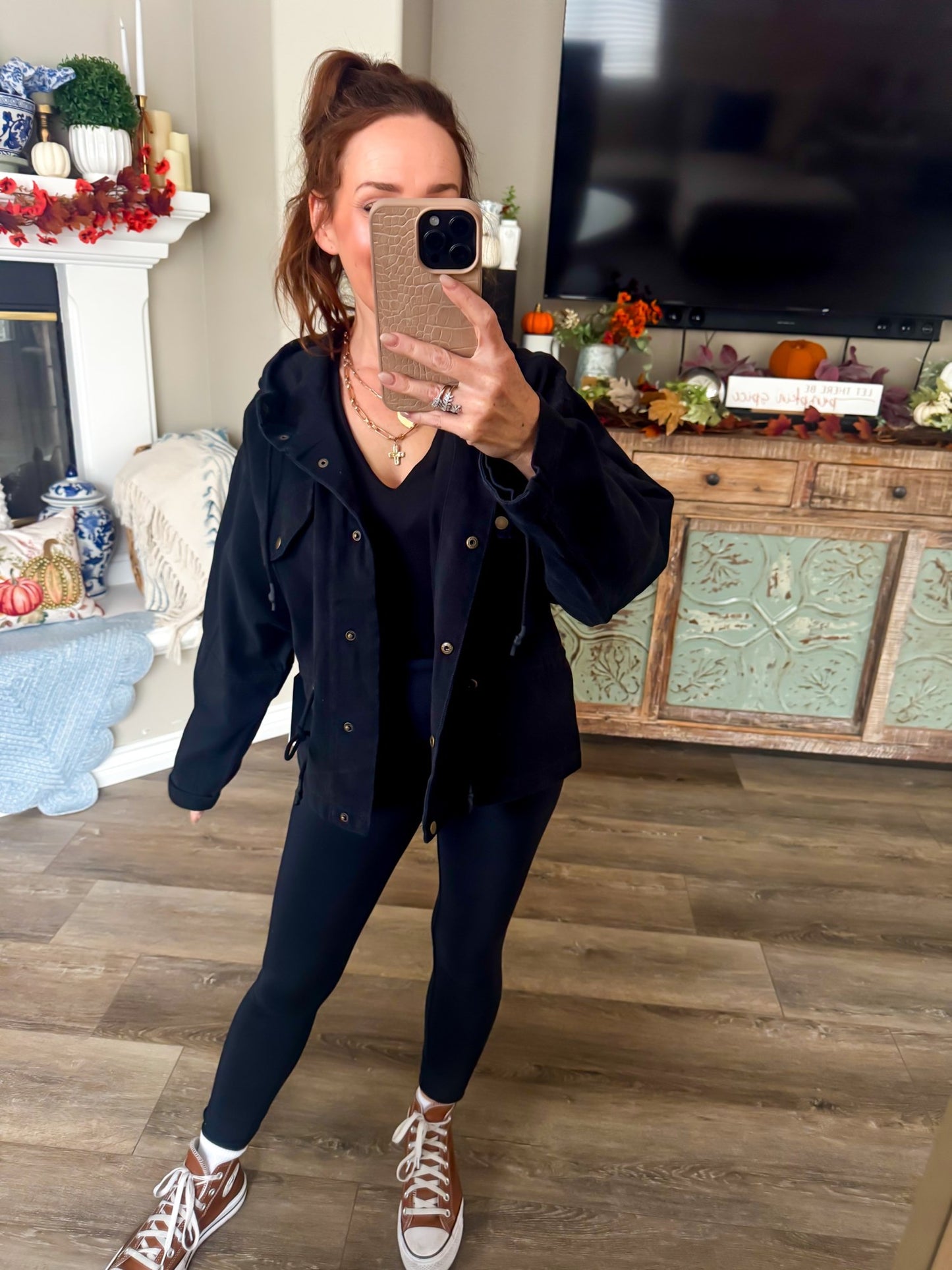 Pumpkin Patch Utility Jacket styled with leggings and high tops