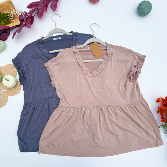 Jodifl ruffle trim peplum babydoll top in dusty rose and slate blue