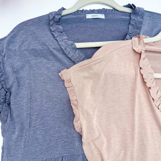 Jodifl ruffle trim top slate blue and dusty rose detail