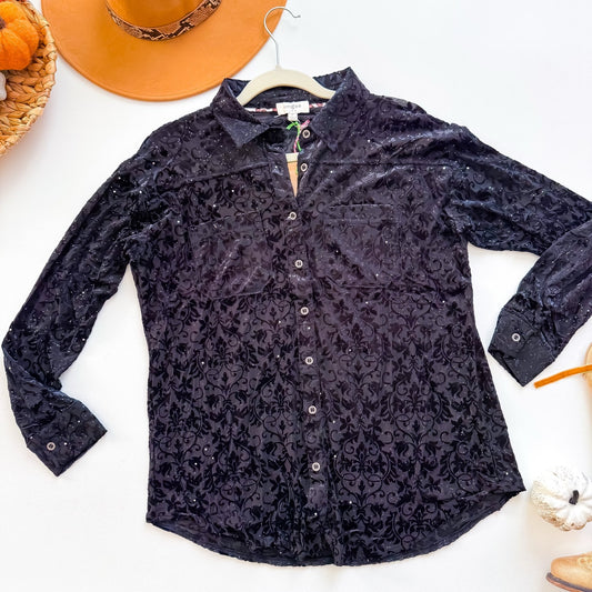 Umgee black glitter velvet burnout button front shirt