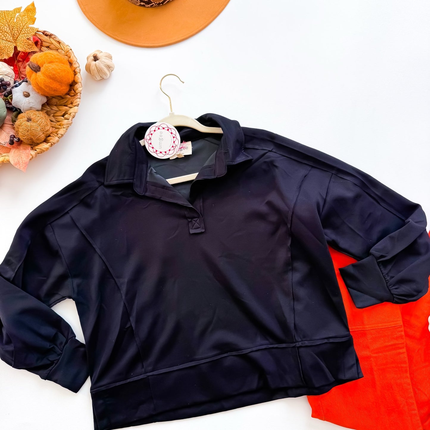 Umgee black seamed collar polo pullover
