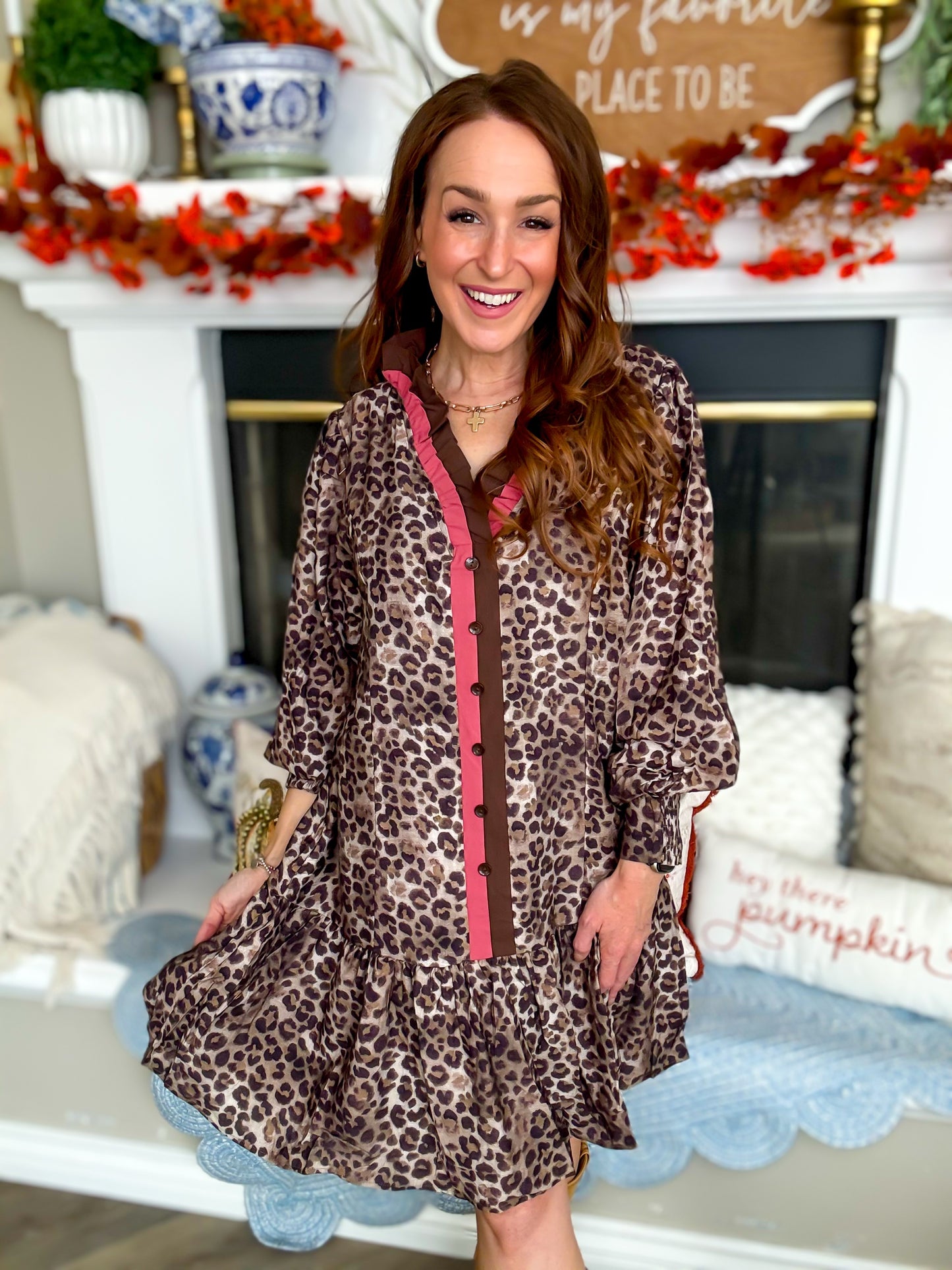 Brambleberry Leopard Ruffle Trim Shirt Dress