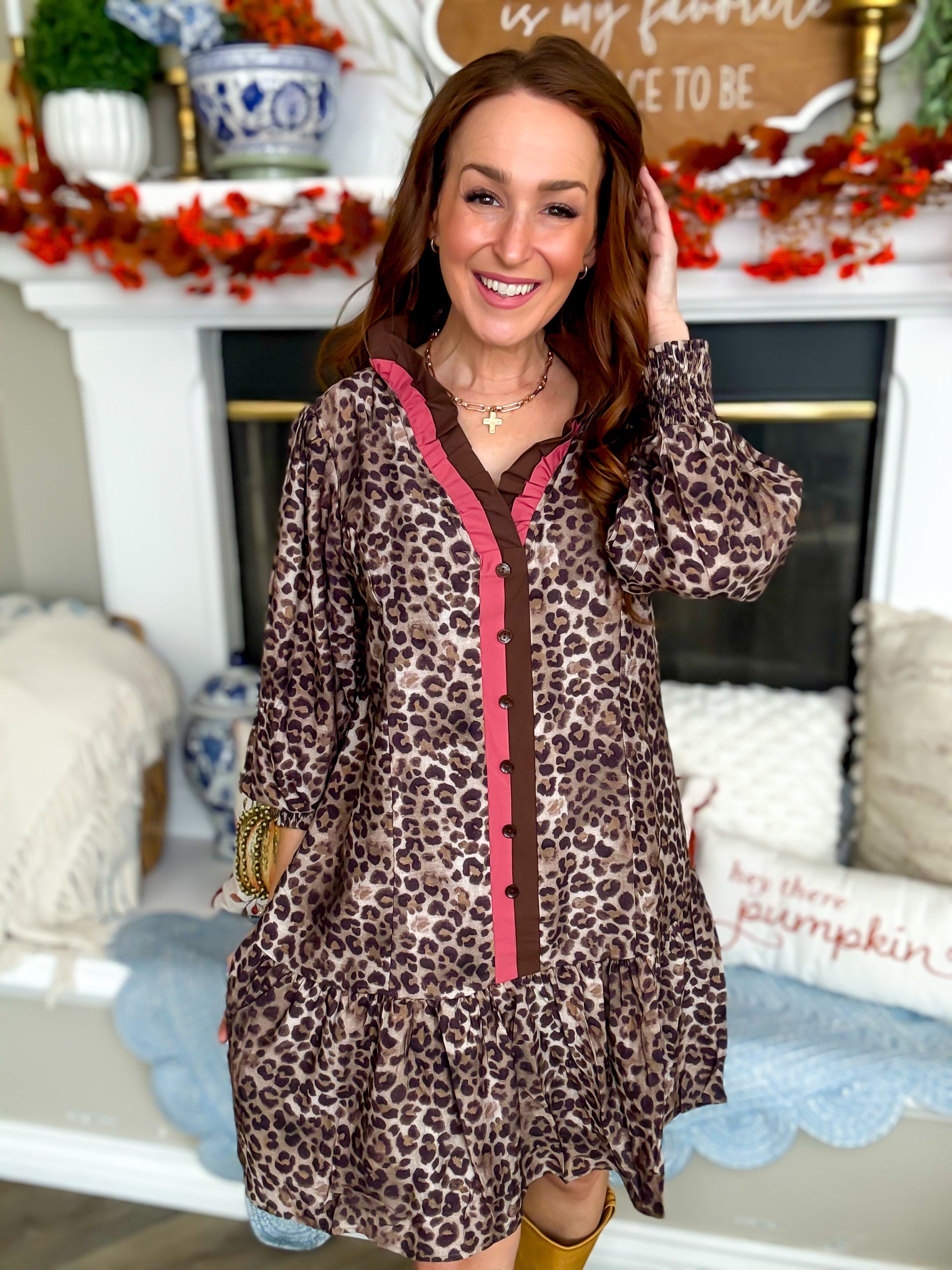 Brambleberry Leopard Ruffle Trim Shirt Dress