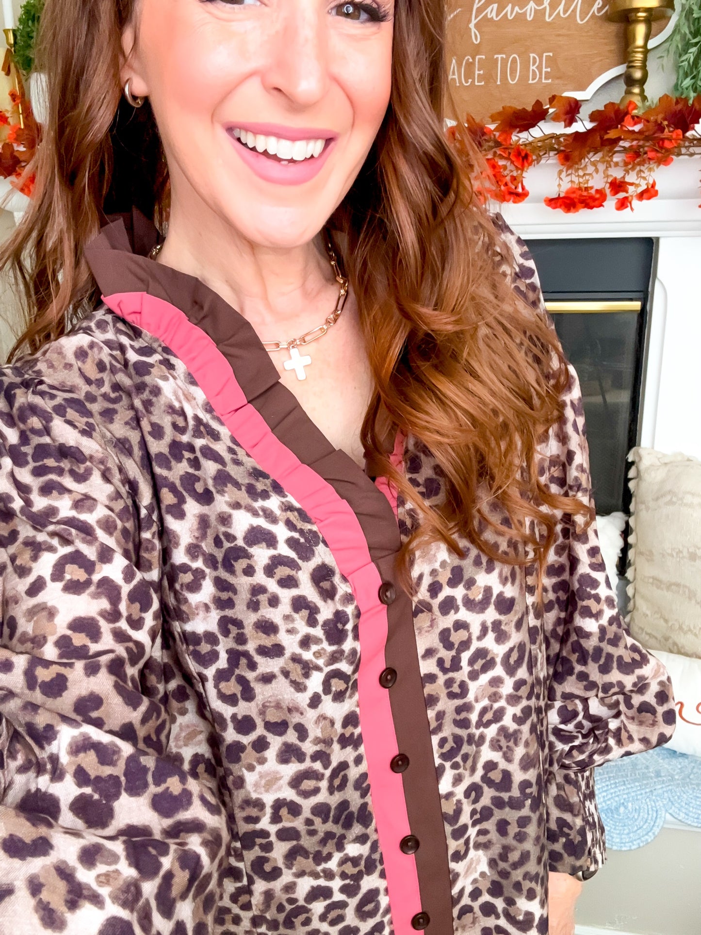 Brambleberry Leopard Ruffle Trim Shirt Dress close-up