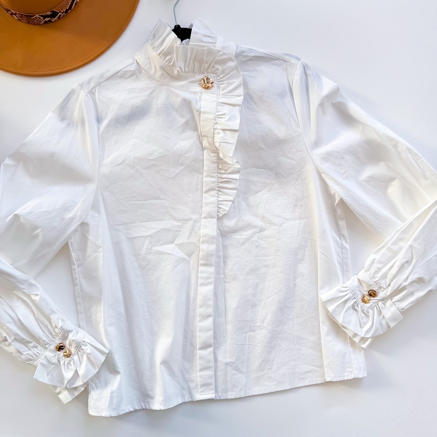 Snow White Ruffle Placket Gold Button Blouse