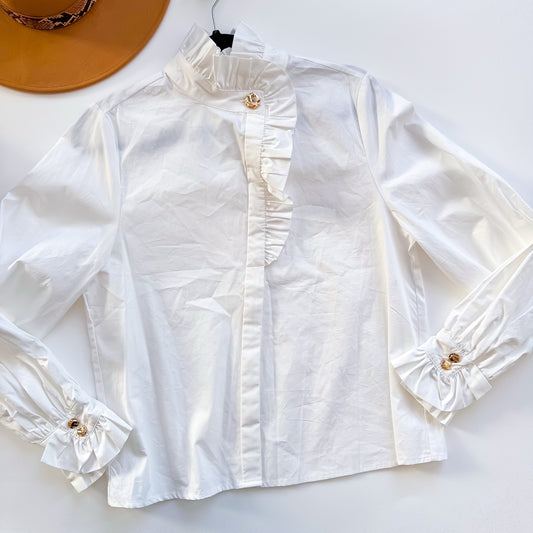 Snow White Ruffle Placket Gold Button Blouse
