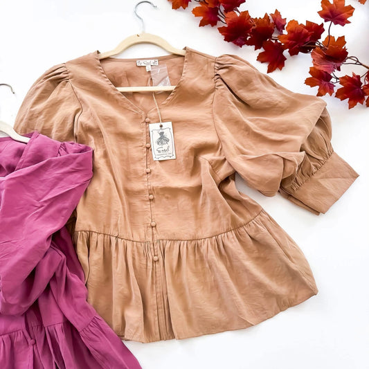 Maple & Mocha Puff Sleeve Peplum Blouse in taupe and mauve