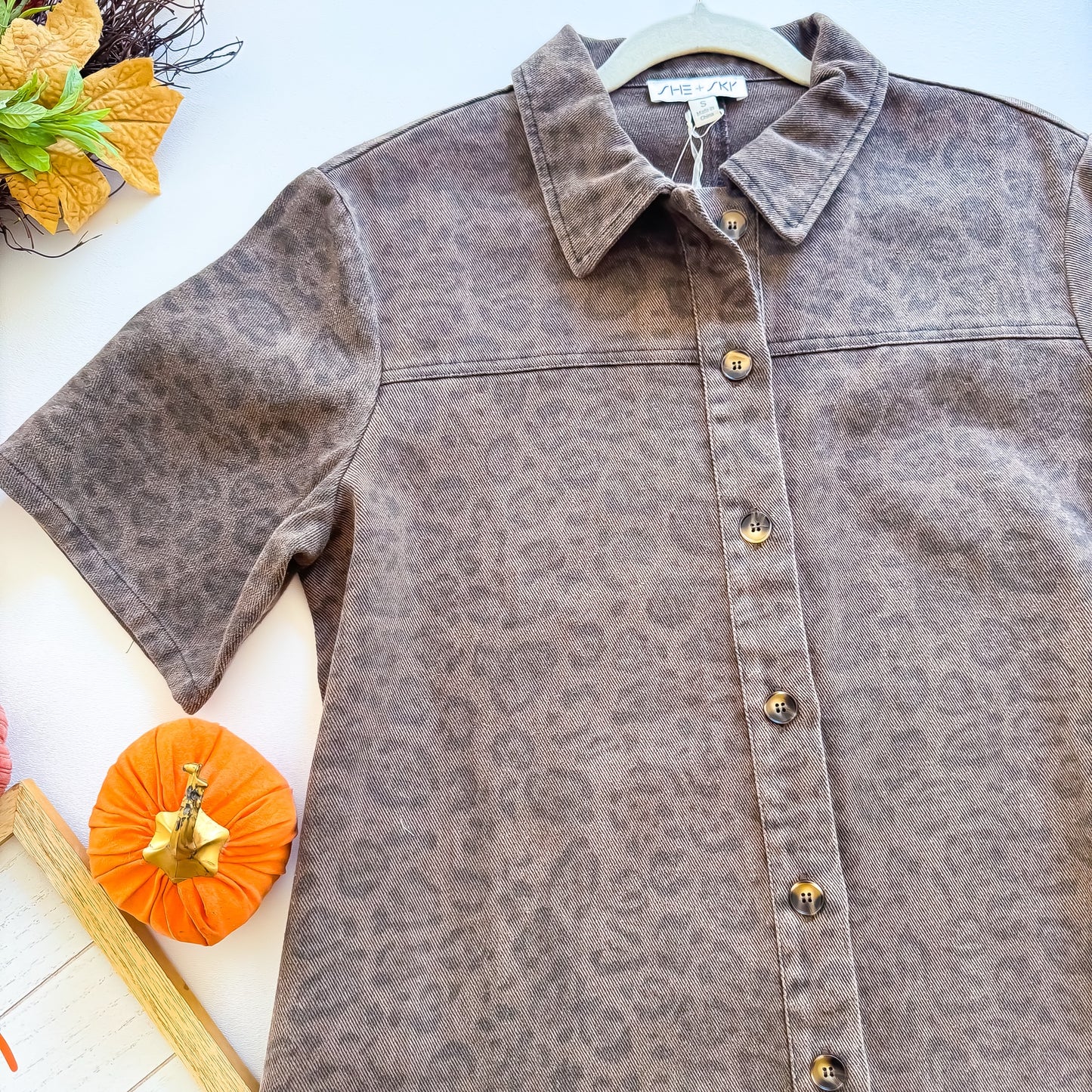 Maple Street Stroll - Short Sleeve Washed Animal Print Collared Button Down Dress With Pockets