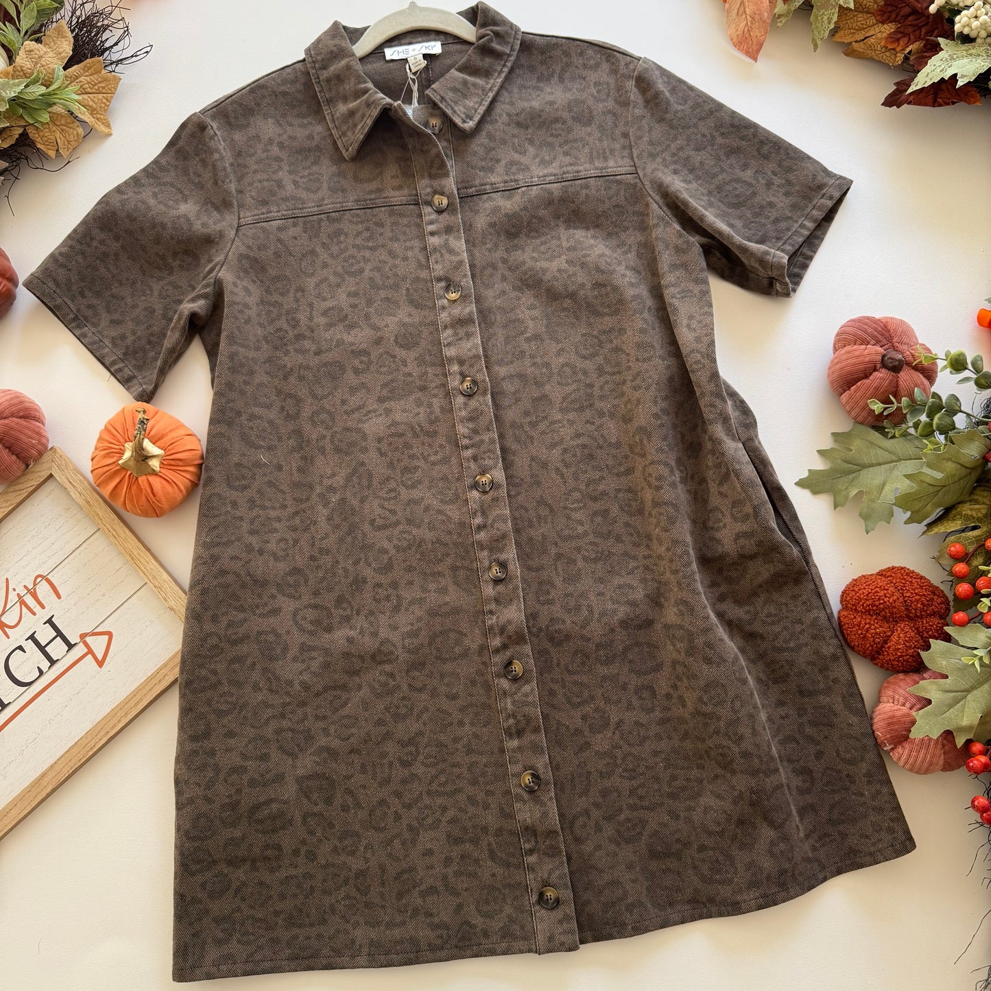 Maple Street Stroll - Short Sleeve Washed Animal Print Collared Button Down Dress With Pockets