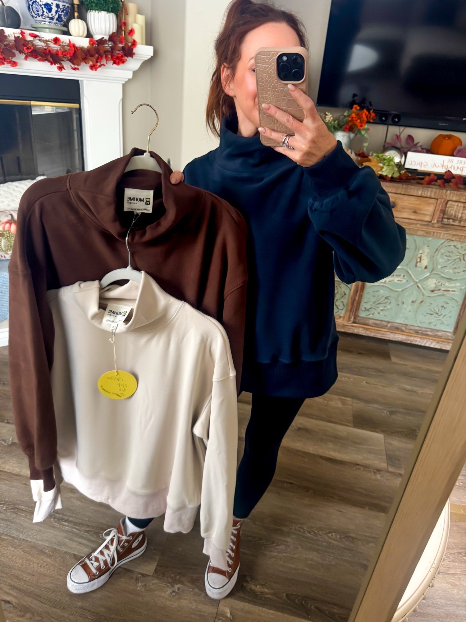 Cocoa Cuddle Mock Neck Sweatshirt in cream, brown and navy
