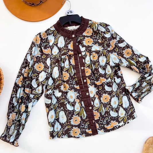 Chocolate Meadow Floral Ruffle Neck Blouse